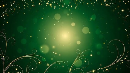 Sparkling Green Abstract Background with Golden Swirls and Glittering Stars