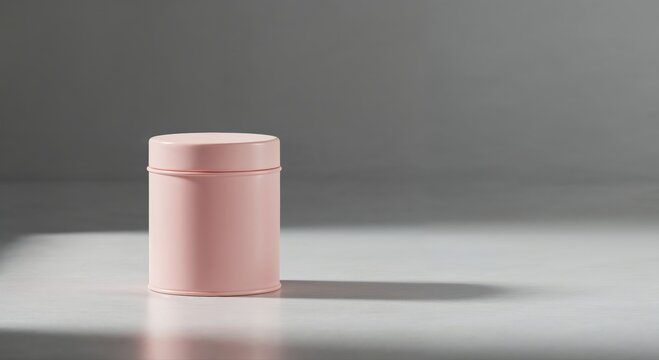 Minimalist Pink Container: A sleek, light-pink cylindrical container stands alone, casting a gentle shadow. Captured with natural light and minimalist composition.