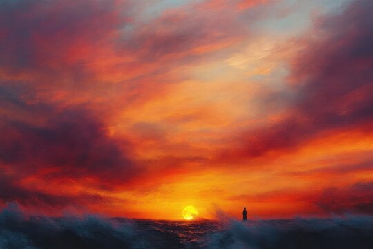 Silhouette of a person standing on a rocky shoreline at sunset with vibrant orange, red, and purple clouds in the sky creating a dramatic and peaceful atmosphere - Powered by Adobe