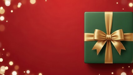 Green christmas gift box with gold ribbon and bokeh lights on red background