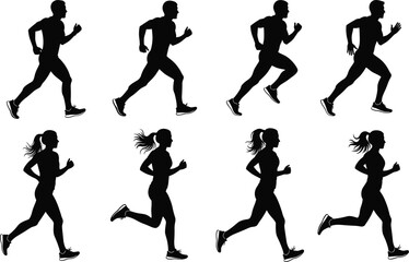 Running people silhouette collection, male and female athletes jogging, sprint workout set, cad drawing flat vector illustration