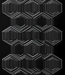 Black and white geometric pattern of hexagonal shapes with vertical and diagonal stripes creating an optical illusion effect
