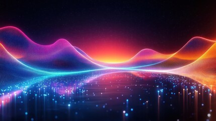 abstract digital landscape with colorful neon waves and glowing particles under a starry night sky creating a futuristic and vibrant atmosphere