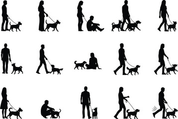 Set of people walking dogs silhouettes men and women with pets on leash collection cad drawing flat vector illustration