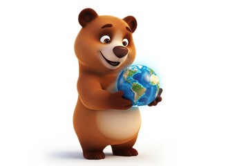 Cute Cartoon Bear Holding a Globe with a Smile Representing Environmental Awareness