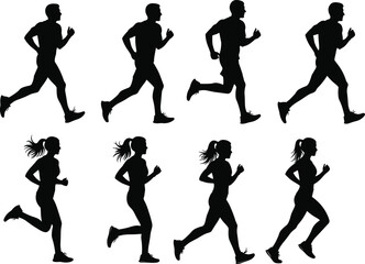 Set of running people silhouettes collection men and women jogging marathon race sport background cad drawing flat vector illustration