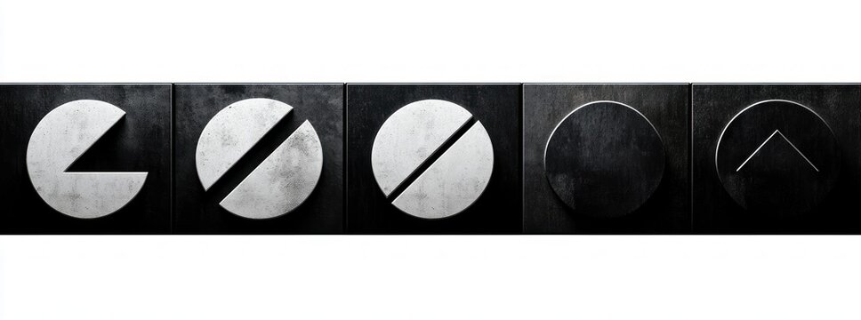 A series of five round metallic shapes on dark square panels, showing geometric cuts and lines including wedge, diagonal slices, and a V-shaped line, with a minimalist and industrial feel