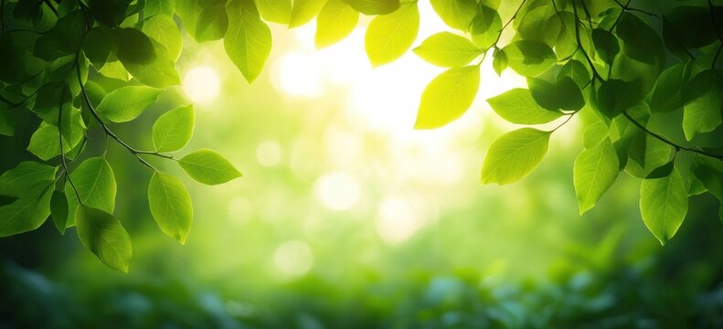 Close-up of vibrant green leaves illuminated by soft sunlight with a blurred natural background creating a peaceful and fresh atmosphere - Powered by Adobe