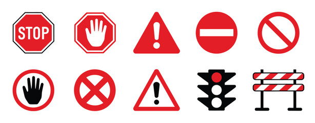 Warning red and prohibition signs, including stop, hand, danger, no entry, traffic light, and barrier icons, flat vector style, suitable for safety, traffic, construction, 