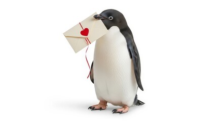 Obraz premium Adorable Penguin Holding Love Letter with Heart on White Background for Romantic Concept