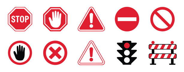 Red warning and prohibition signs, flat vector icons featuring stop, hand, danger, no entry, traffic light, and barrier symbols, ideal for safety posters, construction zones, traffic guides, and alert