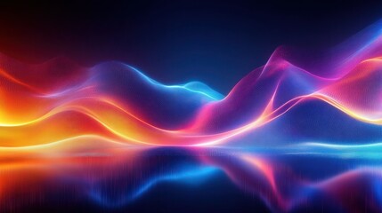 Abstract colorful waveforms glowing in vibrant blue, pink, orange, and purple hues reflected on a dark glossy surface conveying dynamic energy and fluid motion