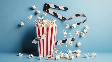 Popcorn in Striped Container with Film Clapperboard and Scattered Popcorn on Blue Background