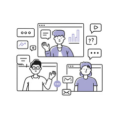 Online Meeting Illustration – Remote Team Video Conference Line Art