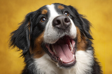Happy close up of large black, white, and brown dog with open mouth and tongue out against yellow background, showing joyful expression and shiny eyes