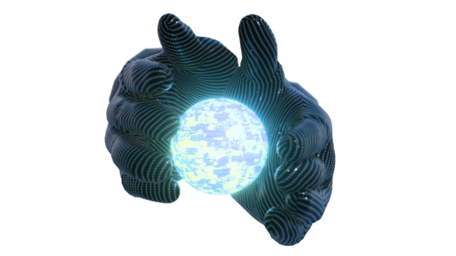 Black Carbon Cyborg Arm Reaching for the glowing futuristic cyber sphere - High Tech Artificial Intelligence Concept.