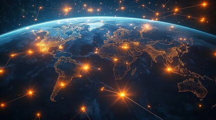Glowing digital network connections over a detailed illuminated world map viewed from space, representing global communication and connectivity at night