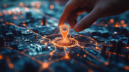 Futuristic digital city map with glowing orange location marker and human hand interacting with it representing navigation and technology