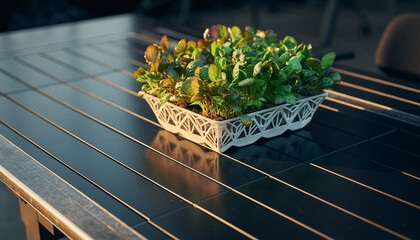 A charming small basket of fresh, vibrant green and red leafy plants sits elegantly on a dark slatted wooden table, reflecting warm sunlight in an inviting outdoor setting