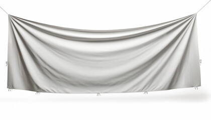 Blank white fabric banner mockup with elegant drapes, suspended for advertising and branding display on a clean, isolated background