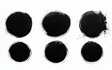 six black circular brush strokes on white background with uneven edges and splatters conveying abstract minimalistic expression