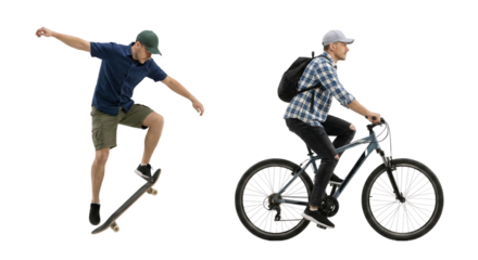 Youthful exuberance captured a skateboarder and cyclist showcase active lifestyle on a transparent