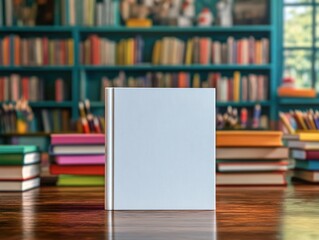 Blank book standing upright on a wooden table in front of multiple stacks of colorful books with a large bookshelf in the background, evoking focus and potential for creativity