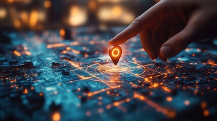 Close-up of a hand placing a glowing orange digital location pin on a futuristic city map with illuminated data lines and grids expressing technology and precision