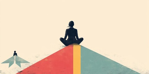 Silhouette of a person sitting cross-legged on top of a large multicolored arrow with another smaller figure on a similar arrow in the background symbolizing contemplation and direction