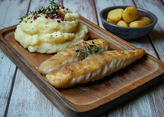 Grilled white fish fillets served on a wooden board with creamy mashed potatoes garnished with herbs and crushed pepper, accompanied by a bowl of small boiled potatoes