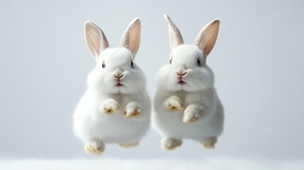 Obraz premium Two fluffy white baby rabbits jumping side by side with ears upright and alert against a plain light background
