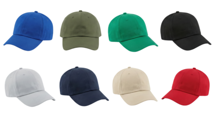 Assortment of versatile baseball caps in various vibrant and neutral colors isolated, on clear