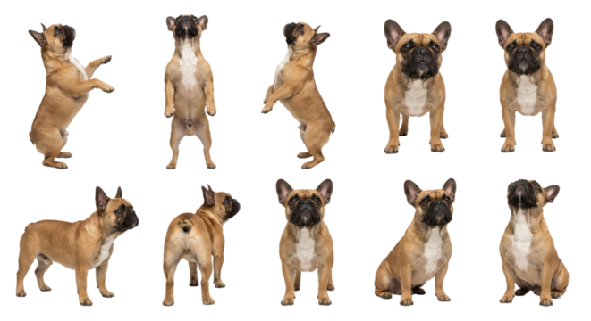 Playful french bulldogs in diverse poses on a isolated transparent background offering variety and - Powered by Adobe