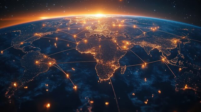 Glowing network connections illuminating Earth's continents at night with sunrise on the horizon, symbolizing global communication and connectivity - Powered by Adobe