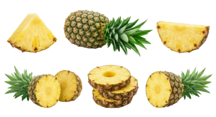 Fresh pineapple arrangement showcasing various cuts and forms against transparent space