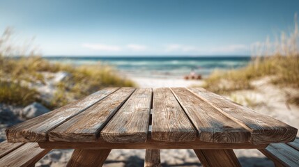 Bright Summer Picnic Table With Beach View Under Sunny Sky and Open Space for Enjoying Outdoor Meals Near Ocean