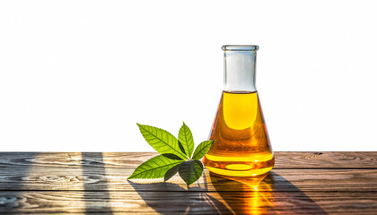 Golden liquid in a scientific flask with fresh green leaves on a wooden table, emphasizing natural botanical extracts and scientific research