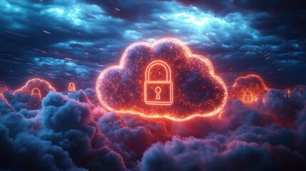 Glowing digital cloud icons with padlocks floating above dark stormy clouds under a dramatic sky, symbolizing cloud security and data protection with a futuristic vibe