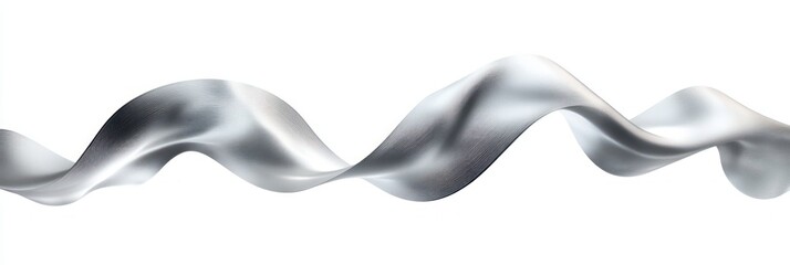 Smooth metallic silver ribbon twisting and flowing in continuous wave shapes on a white background creating an elegant and dynamic abstract composition