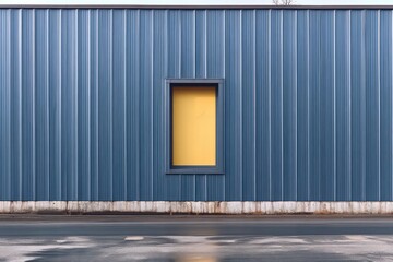 Minimalist exterior of blue corrugated metal building with single closed yellow window framed in dark trim above concrete base and wet asphalt foreground