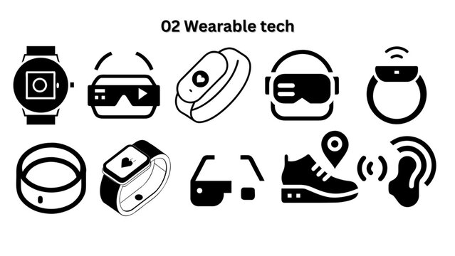 Wearable Tech Vector Icons Set &ndash; Smartwatch, Fitness Tracker, Smart Glasses, AR/VR Devices, IoT Wearables