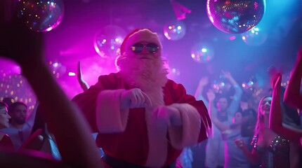 Santa Claus dancing in the nightclub. The concept of festive joy, holiday celebration, and cheerful party vibes. Generative AI.