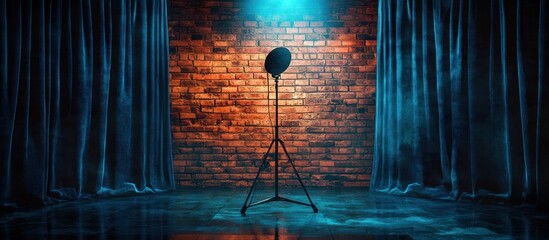 Empty stage with blue velvet curtains, illuminated microphone on stand against textured brick wall emitting warm and cool lighting ambiance