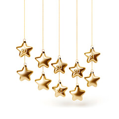  christmas tree toys stars poster. Realistic shiny golden stars. Traditional festive xmas eve, new year celebration decoration design symbol. Bright decorative hanging objectsChristmas and New Year 