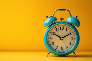 Blue retro twin-bell alarm clock with black hands showing time in front of a vibrant yellow background conveying urgency and alertness