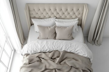 Contemporary white bedroom with a beige bed, captured from the top view to emphasize the clean, modern design, Generative AI