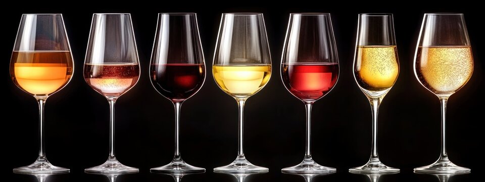 Seven elegant wine glasses lined up against a black background with various types of wine and sparkling beverages in different colors ranging from amber, rose, red, white to golden hues