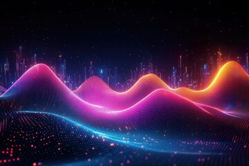 Abstract digital landscape with colorful glowing waves and data points on a dark background creating a futuristic cityscape effect