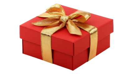 Red Gift Box with Golden Ribbon and Bow on White Background