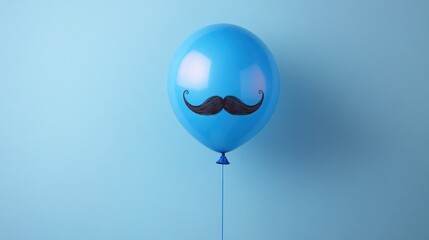 single blue balloon with a drawn black curled mustache against a matching blue background conveying a whimsical and playful mood